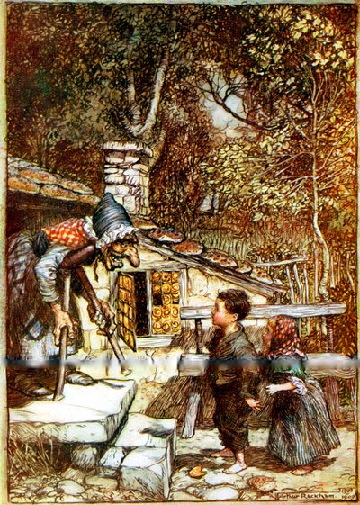 Hansel ja Kerttu ja noita hänen mökkinsä kynnyksellä tekijältä Arthur Rackham