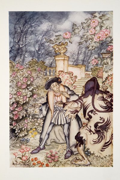 Hän kuuli kovaa ääntä ja näki lähestyvän pedon, joka oli niin pelottavaa katsoa, että hän oli valmis pyörtymään pelosta, pubista The Arthur Rackham Fairy Book. 1933 tekijältä Arthur Rackham