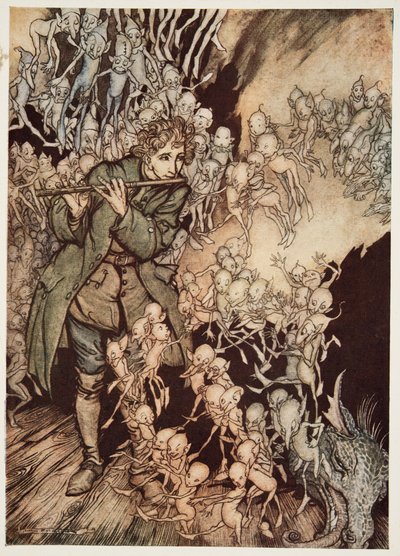 Hän soitti, kunnes huone täyttyi kokonaan menninkäisistä, teoksesta Pikkuveli ja pikkusisko ja muita Grimmin veljesten tarinoita, pub. 1917 tekijältä Arthur Rackham