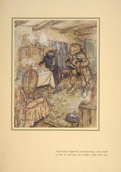 Hän ilmestyi pian uudelleen, hieman pölyisenä, pullo olutta jokaisessa oluessa kummankin käsivarren alla." tekijältä Arthur Rackham