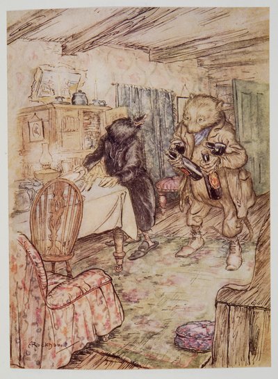 Tällä hetkellä hän ilmestyi uudelleen, hieman pölyisenä, pullo olutta kummassakin tassussa ja toinen kummankin käsivarren alla, Kenneth Grahamen (1859 - 1932) pubista Wind in the Willows. 1940 tekijältä Arthur Rackham