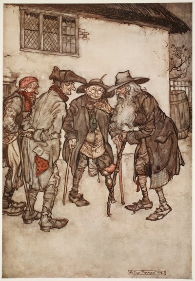 Pian hän löysi monia entisiä ystäviään, vaikkakin ajan kulumisen vuoksi pahempiakin. Washington Irvingin pubista Rip Van Winkle. 1910 tekijältä Arthur Rackham