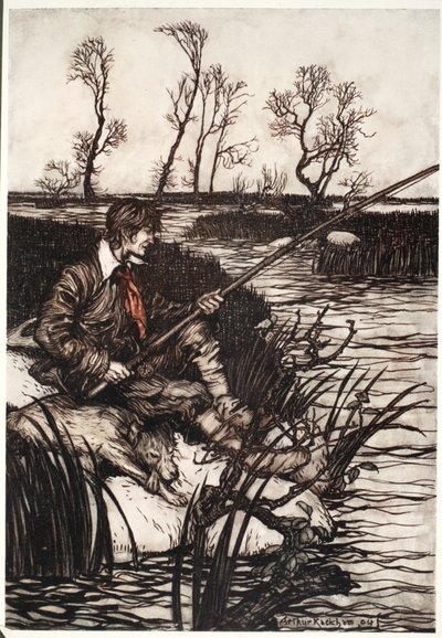 Hän istui märällä kivellä ja kalasti koko päivän. Washington Irvingin pubista Rip Van Winkle. 1910 tekijältä Arthur Rackham