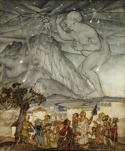 Hercules tukee taivasta Atlasin sijaan, 1922 tekijältä Arthur Rackham
