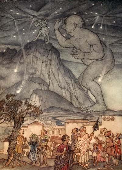 Hercules kohautti olkapäitään, kuva Nathaniel Hawthornen "Ihmekirjasta tytöille ja pojille", 1928. tekijältä Arthur Rackham