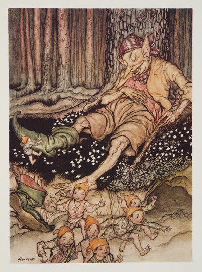 Hop-o-my-peukalo meni Ogreen pehmeästi ja veti jaloistaan seitsemän liigan saappaat The Arthur Rackham Fairy Book -pubista. 1933 tekijältä Arthur Rackham