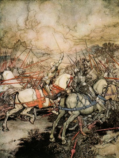 Kuinka Arthur veti miekkansa, Excalibur, ensimmäistä kertaa, esimerkki Alfred W. Pollardin teoksesta "Kuningas Arthurin ja hänen pyöreän pöydän ritariensa romanssi", 1910 tekijältä Arthur Rackham