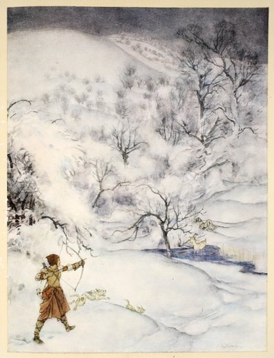 Kuinka herrasnainen ampui Sir Launcelotin metsästämässä, kuvitus Alfred W. Pollardin teoksesta "Kuningas Arthurin ja hänen pyöreän pöydän ritariensa romanssi", 1910 tekijältä Arthur Rackham