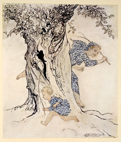 Kuinka hän jännittyi ja huohotti saadakseen kiinni tuon takaa-ajohenkilön, jahtaakseen häntä ja saadakseen oman toimintansa, esimerkki James Stephensin Irlannin saduista, 1920 tekijältä Arthur Rackham