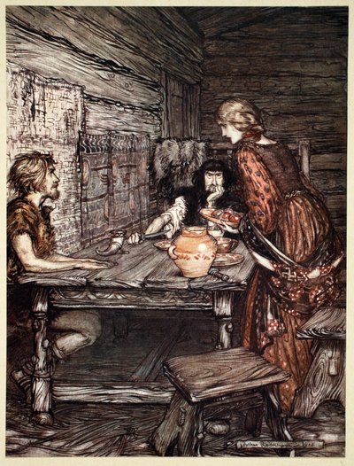 "Hunding löytää samankaltaisuuden Siegmundin ja Sieglunden välillä", 1910. tekijältä Arthur Rackham