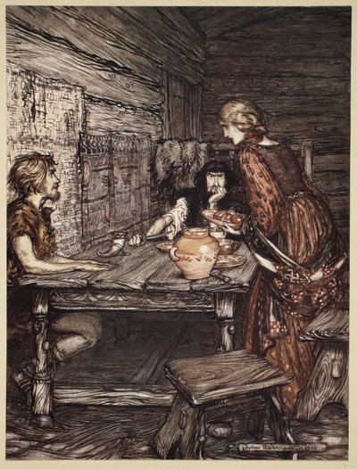 Hunding löytää Siegmundin ja Sieglunden välisen kaltaisuuden, kuvitus teoksesta The Rhinegold and the Valkyrie, 1910 tekijältä Arthur Rackham