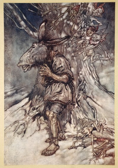 Laulan, että he kuulevat En pelkää, kuvituksen William Shakespearen teoksesta "Kesäyön unelma", 1908 tekijältä Arthur Rackham