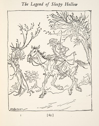 Ichabod Crane pakenee päätöntä ratsumiestä, Washngton Irvingin (1783 - 1859) teoksesta The Legend of Sleepy Hollow (Unisen kolkan tarina), kust. 1928 tekijältä Arthur Rackham