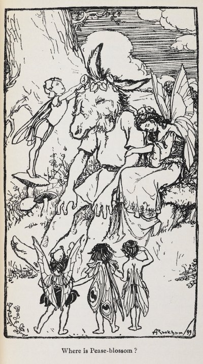 Kuvitus Kesäyön unesta, jossa on keijuja ja mies, jolla on persepää. tekijältä Arthur Rackham
