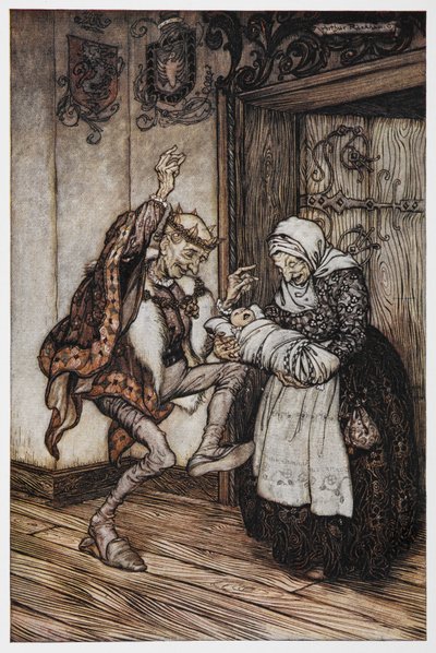 Briar Rosen kuvitus iäkkäästä kuninkaasta ja kuningattaresta ja heidän vauvastaan. tekijältä Arthur Rackham