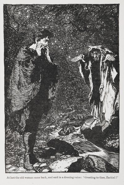 Kuvitus Jorindasta ja Joringelistä Zachielista ja vanhasta naisesta. tekijältä Arthur Rackham