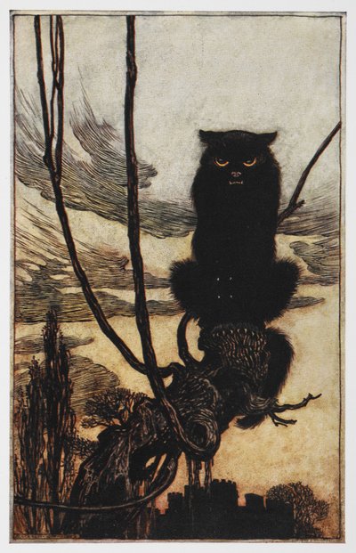 Jorindan ja Joringelin kuvitus mustasta kissasta. tekijältä Arthur Rackham