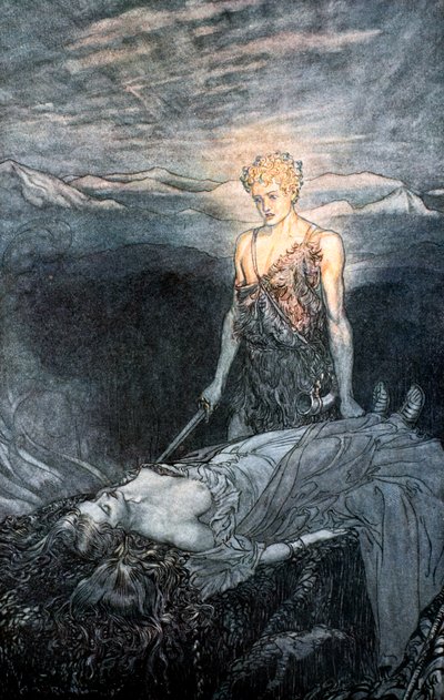 Kuvitus Siegfriedistä ja jumalien hämärästä, 1924. tekijältä Arthur Rackham