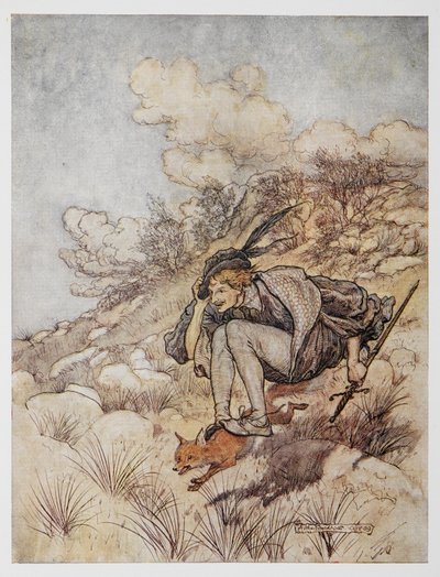 Kuvitus Kultaisesta linnusta. Prinssi ratsastaa ketun selässä. tekijältä Arthur Rackham