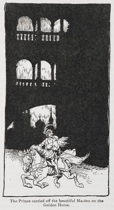 Kuvitus Kultaisesta linnusta, kun prinssi kantaa neiton hevosen selässä. tekijältä Arthur Rackham