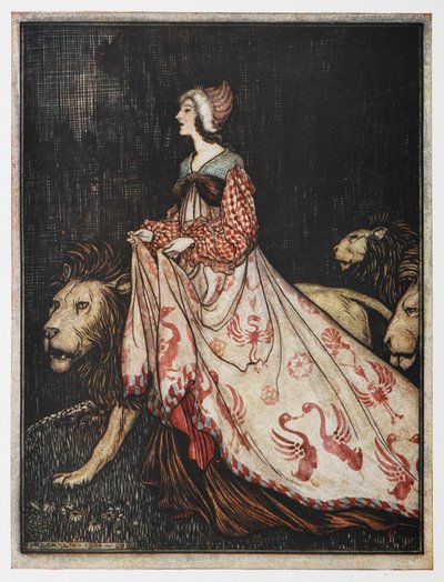 Kuvitus elokuvasta The Lady and the Lion. tekijältä Arthur Rackham