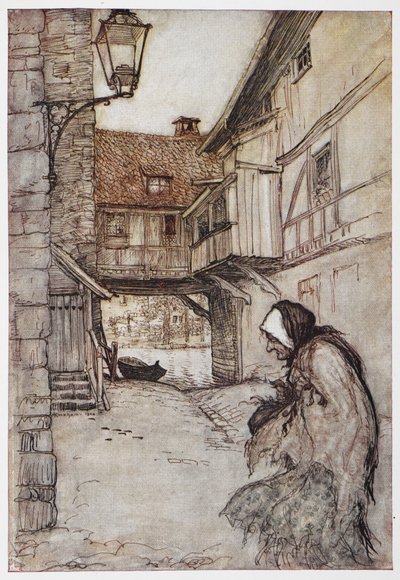 Kuvitus oljesta, hiilistä ja papusta. tekijältä Arthur Rackham