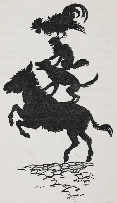 Kuvitus Bremenin kaupungin muusikoista perseestä, koirasta, kissasta ja kukosta. tekijältä Arthur Rackham