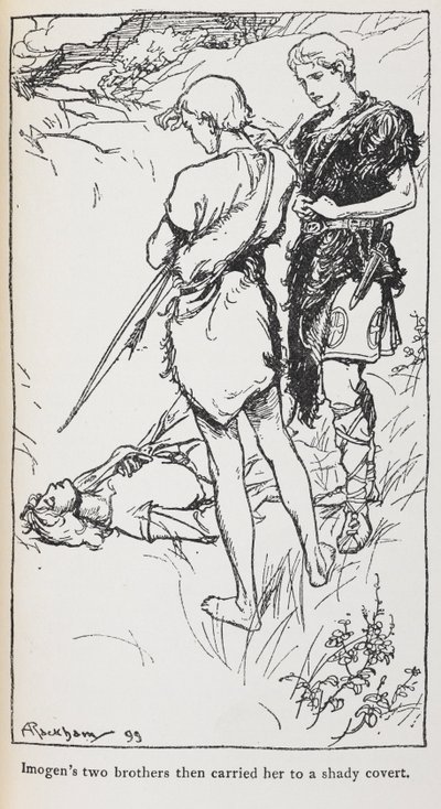 Kuva Imogenistä ja hänen veljistään Cymbelinesta. tekijältä Arthur Rackham
