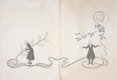 Kuva Scrooge. Toisella puolella häntä kuvaa hollyn oksa, joka puristaa rahapussia ja näyttää vihaiselta. Toisaalta hänet on kuvattu onnellisen näköisenä mistelinoksalla. tekijältä Arthur Rackham