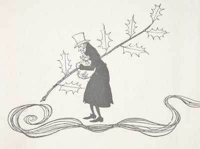 Kuva Scroogesta, jota kuvaa hollyn oksa, puristamassa rahapussia ja näyttäen vihaiselta. tekijältä Arthur Rackham