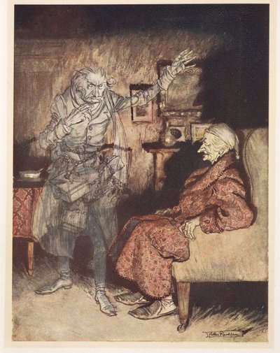 Kuva Scroogesta menneisyyden joulun haamulla tekijältä Arthur Rackham