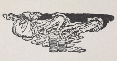 Kuva Scroogen käsistä, jotka laskevat rahaa tekijältä Arthur Rackham