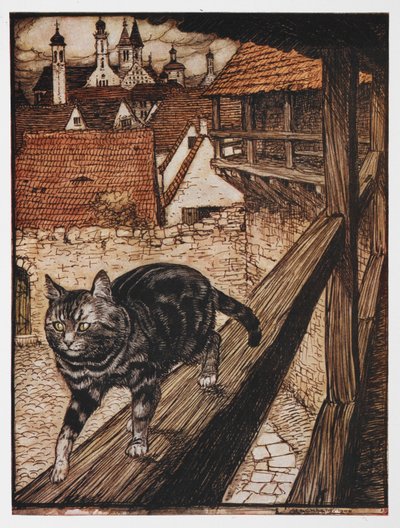 Kuva kissasta kävelemässä aidan varrella elokuvasta The Cat and the Mouse in Partnership. tekijältä Arthur Rackham