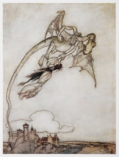 Ilustração de um dragão carregando a princesa de The Four Clever Brothers.finnish tekijältä Arthur Rackham
