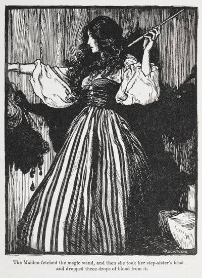 Kuva Sweetheart Rolandin tytöstä raidallisessa mekossa. tekijältä Arthur Rackham