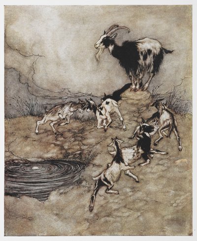 Kuva vuohen ja hänen pienistä lapsistaan leikkimässä The Wolf and the Seven Kids -elokuvasta. tekijältä Arthur Rackham