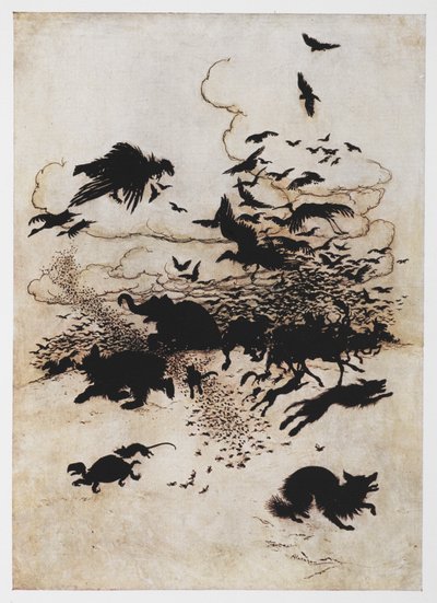 Kuvitus eläinten myrskystä Wren and the Bear -elokuvasta. tekijältä Arthur Rackham