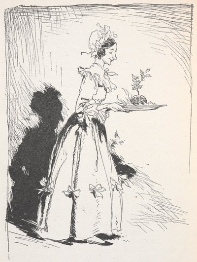 Kuva naisesta, joka kantaa jouluvanukkaa tekijältä Arthur Rackham