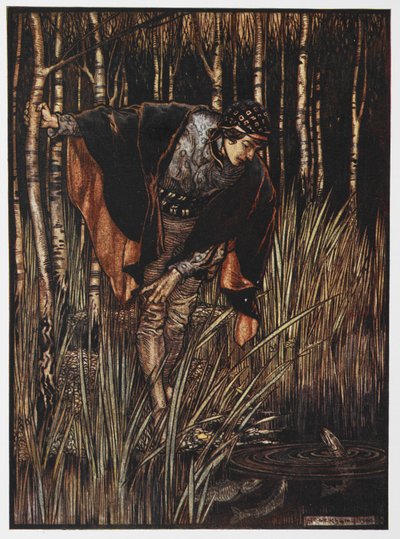 Kuva nuoresta lammen rannalla Valkoisesta käärmeestä. tekijältä Arthur Rackham