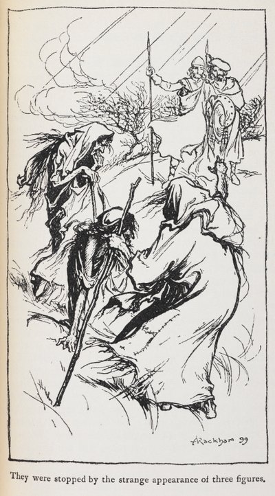 Kuva kolmesta noidista, Macbeth ja Banquo. tekijältä Arthur Rackham