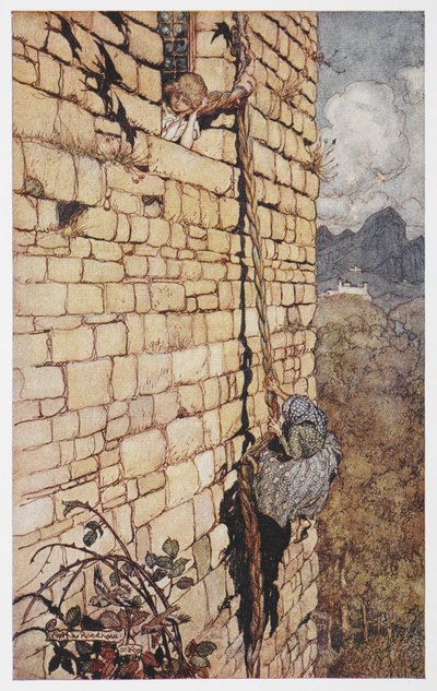 Ilustração da bruxa subindo no cabelo de Rapunzel. finnish tekijältä Arthur Rackham