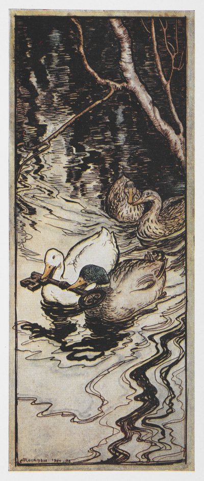 Kuva kahdesta ankasta, jotka kantavat avainta The Queen Been. tekijältä Arthur Rackham