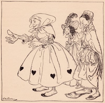 Mukaan tuli kolme upeimmalla tavalla pukeutunutta naista. Arthur Rackhamin kuvitus Grimmin sadusta, Kolme pyörivää naista. tekijältä Arthur Rackham