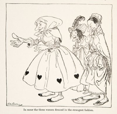 Mukaan tulivat kolme omituisimpaan pukeutunutta naista julkaisusta Little Brother & Little Sister and Other Tales by the Brothers Grimm, pub.1917 (litho) tekijältä Arthur Rackham