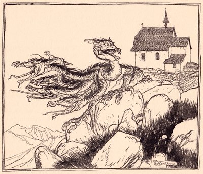 Ei kestänyt kauaa, kun seitsemänpäinen lohikäärme tuli äänekkäästi karjuen. Arthur Rackhamin kuvitus Grimmin sadusta, Kaksi veljestä. tekijältä Arthur Rackham