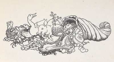 Sarven muotoisesta roiskuvia esineitä joulujuhlasta. Mukana jouluvanukas, makkarat, kalkkuna, sika, ankka, fasaani, piirakka ja hedelmiä. tekijältä Arthur Rackham