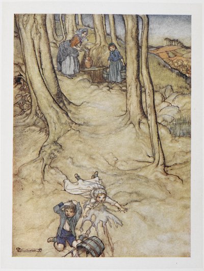 "Jack ja Jill". Kaksi lasta putoaa mäeltä. Jill kaataa vesiastian, kun Jack kolahtaa päätään. tekijältä Arthur Rackham