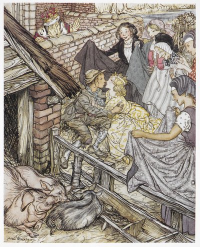 "Juuri kun sikapaimen otti kahdeksankymmentäkuudennen suudelman", Hans Christian Andersenin kuvitus teokselle "Sikapaimen" tekijältä Arthur Rackham