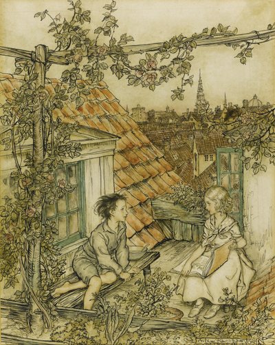 Kay ja Gerda puutarhassaan korkealla katolla. Kuvitus tarinaan Lumikuningatar, 18 tekijältä Arthur Rackham