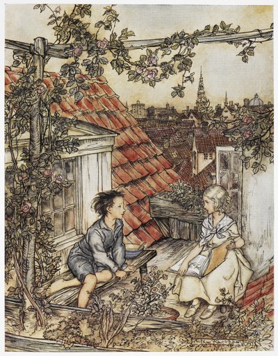 "Kay ja Gerda puutarhassaan korkealla katolla". Kaksi lasta istumassa talon katolla. Kuvitus "pienelle tytölle ja pienelle pojalle". tekijältä Arthur Rackham